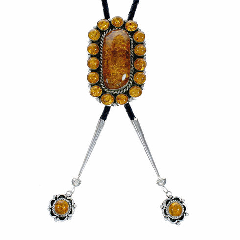 Genuine Navajo Native American Sterling Silver Amber Bolo Tie SX10591