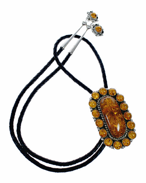 Genuine Navajo Native American Sterling Silver Amber Bolo Tie SX10591