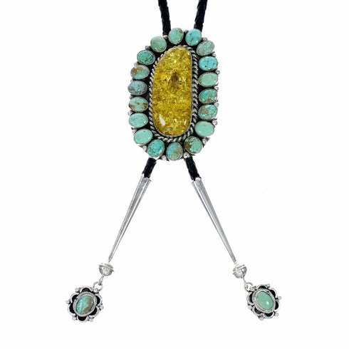 Genuine Navajo Sterling Silver Turquoise And Amber Bolo Tie SX10592