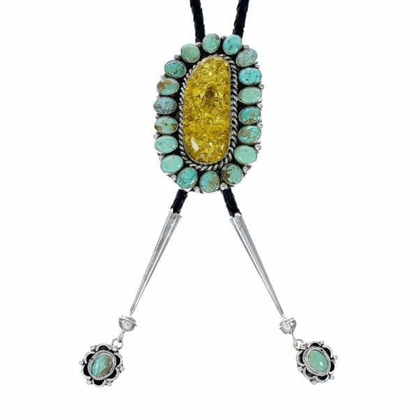Genuine Navajo Sterling Silver Turquoise And Amber Bolo Tie SX10592