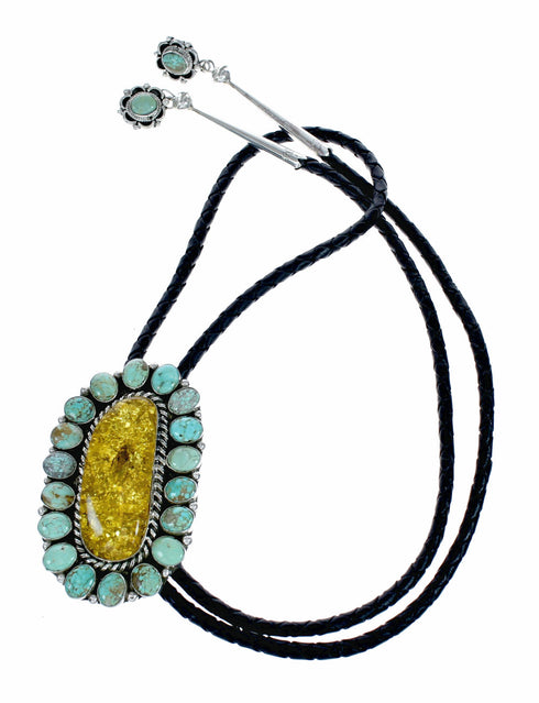 Genuine Navajo Sterling Silver Turquoise And Amber Bolo Tie SX10592