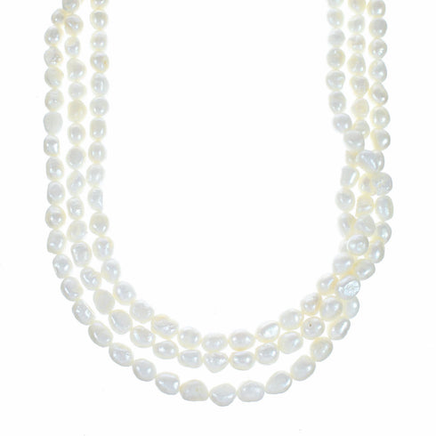 Sterling Silver Freshwater Pearl 3-Strand Extra Long Bead Necklace SX10610