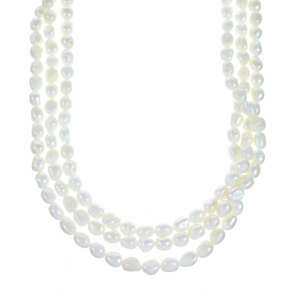 Sterling Silver Freshwater Pearl 3-Strand Extra Long Bead Necklace SX10610