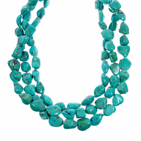 Sterling Silver Kingman Turquoise Navajo Indian 3-Strand Chunky Bead Necklace SX10602