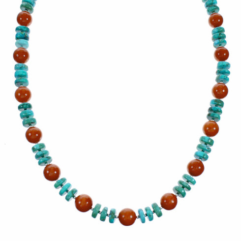 Turquoise Coral Sterling Silver Native American Bead Necklace SX10604