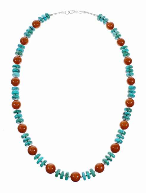 Turquoise Coral Sterling Silver Native American Bead Necklace SX10604