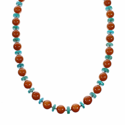 Turquoise Coral Sterling Silver Native American Bead Necklace SX10605
