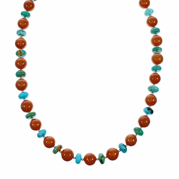 Turquoise Coral Sterling Silver Native American Bead Necklace SX10606