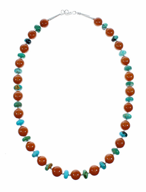 Turquoise Coral Sterling Silver Native American Bead Necklace SX10606