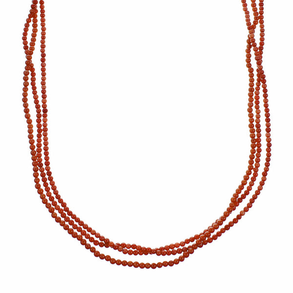Red Coral Sterling Silver 3-Strand Native American Bead Necklace SX10620