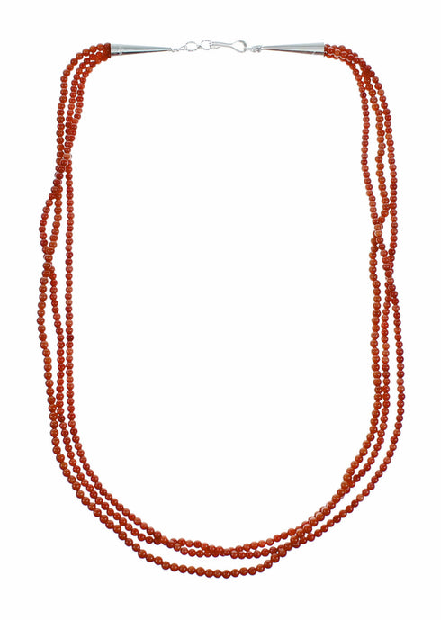 Red Coral Sterling Silver 3-Strand Native American Bead Necklace SX10620