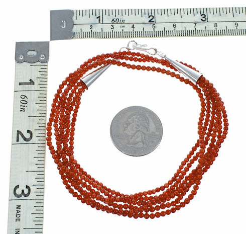 Red Coral Sterling Silver 3-Strand Native American Bead Necklace SX10620