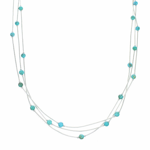 3-strand Liquid Sterling Silver Navajo Turquoise Bead Necklace SX10618
