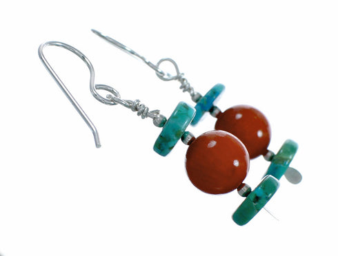 Authentic Turquoise And Coral Sterling Silver Navajo Bead Hook Dangle Earrings SX10622