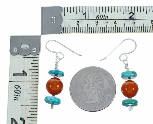Authentic Turquoise And Coral Sterling Silver Navajo Bead Hook Dangle Earrings SX10622