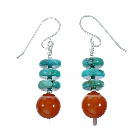 Navajo Turquoise And Coral Sterling Silver Bead Hook Dangle Earrings SX10623