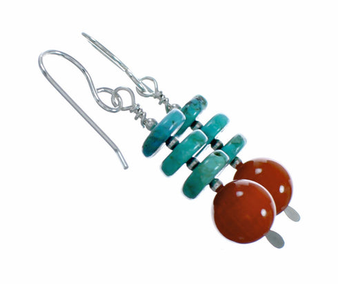 Navajo Turquoise And Coral Sterling Silver Bead Hook Dangle Earrings SX10623