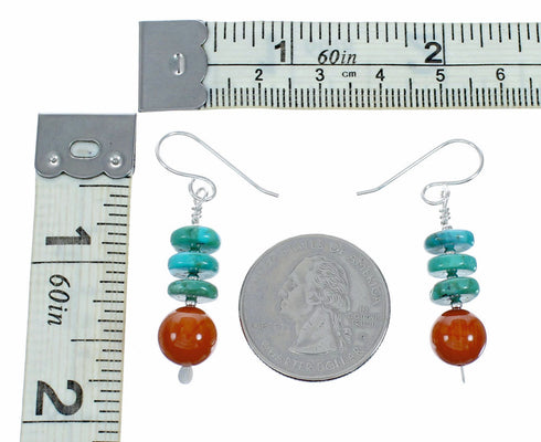 Navajo Turquoise And Coral Sterling Silver Bead Hook Dangle Earrings SX10623