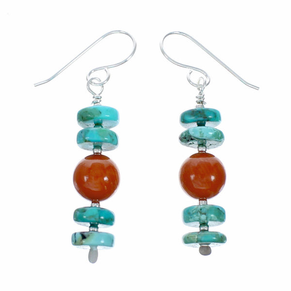 Navajo Turquoise And Coral Sterling Silver Bead Hook Dangle Earrings SX10624
