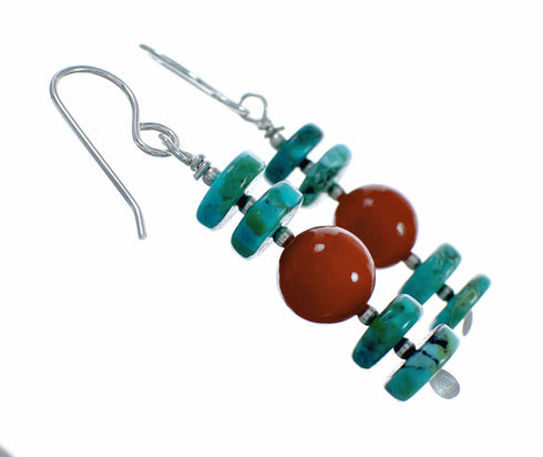 Navajo Turquoise And Coral Sterling Silver Bead Hook Dangle Earrings SX10624