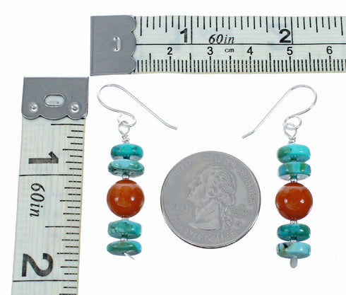 Navajo Turquoise And Coral Sterling Silver Bead Hook Dangle Earrings SX10624