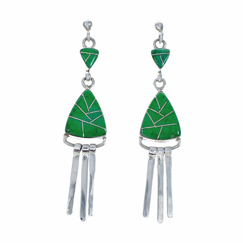 Southwestern Green Agate Inlay And Silver Post Dangle Earrings SX10628