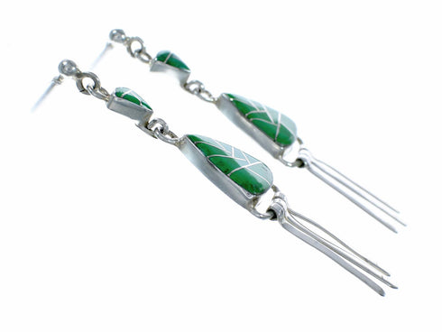 Southwestern Green Agate Inlay And Silver Post Dangle Earrings SX10628