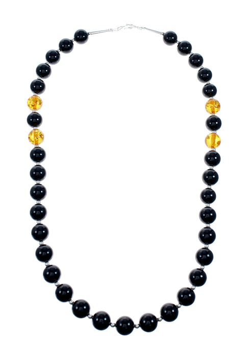 Silver Onyx And Amber Navajo Bead Necklace SX10637