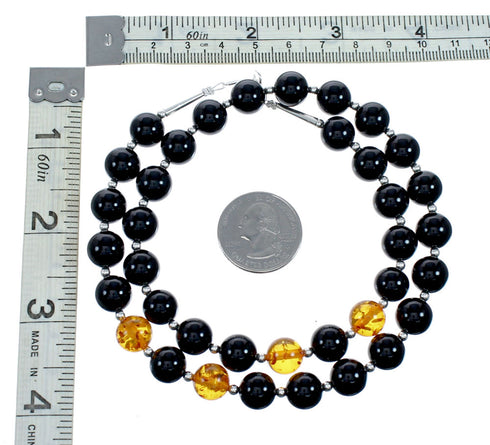 Silver Onyx And Amber Navajo Bead Necklace SX10637