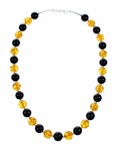 Silver Onyx And Amber Navajo Bead Necklace SX10638