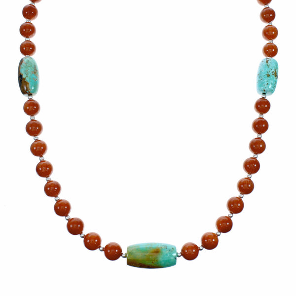 Turquoise Coral Sterling Silver Native American Bead Necklace SX10642