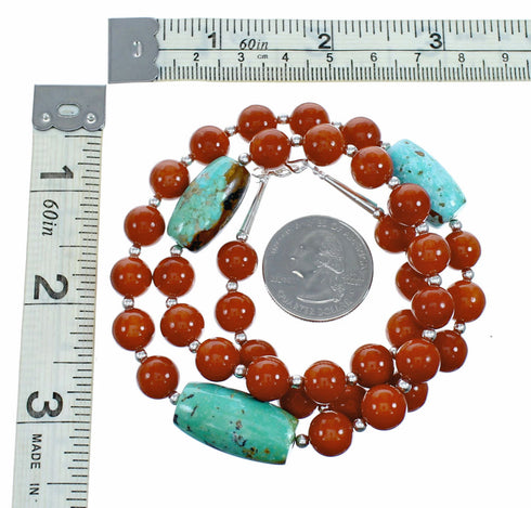 Turquoise Coral Sterling Silver Native American Bead Necklace SX10642