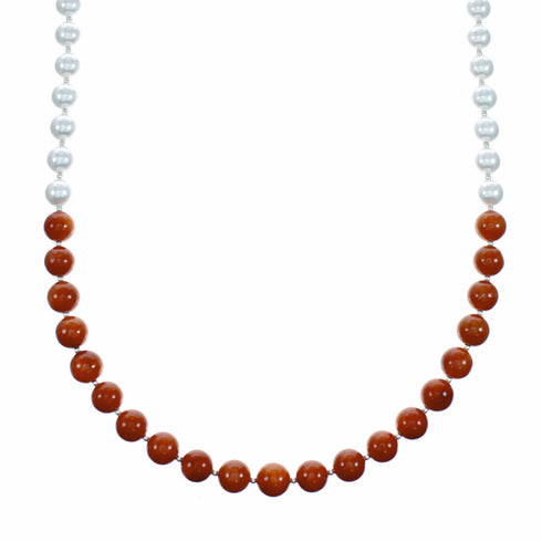 Coral And Mother Of Pearl Silver Navajo Bead Necklace SX10641