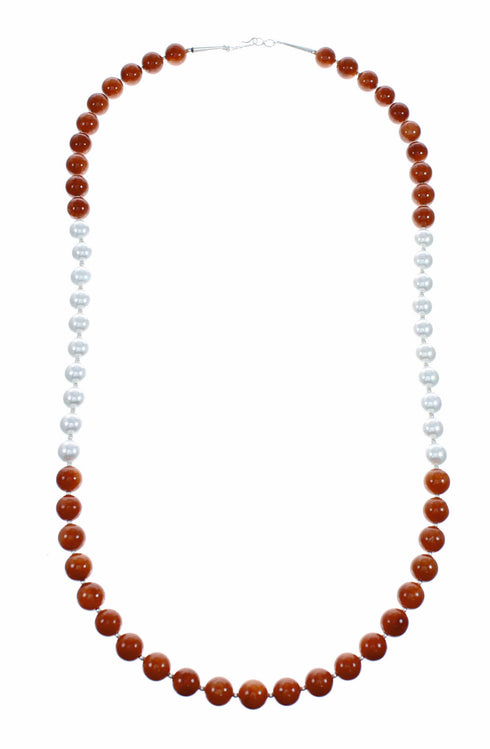 Coral And Mother Of Pearl Silver Navajo Bead Necklace SX10641