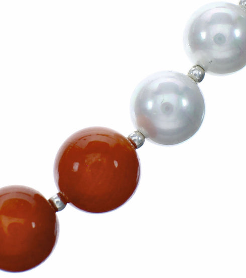 Coral And Mother Of Pearl Silver Navajo Bead Necklace SX10641