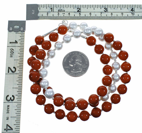 Coral And Mother Of Pearl Silver Navajo Bead Necklace SX10641