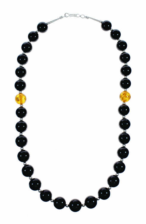 Silver Onyx And Amber Navajo Bead Necklace SX10646