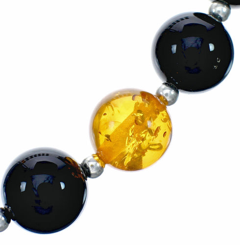 Silver Onyx And Amber Navajo Bead Necklace SX10646