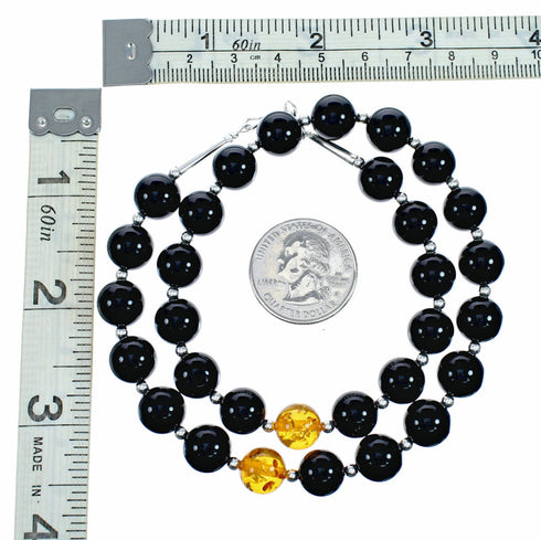 Silver Onyx And Amber Navajo Bead Necklace SX10646