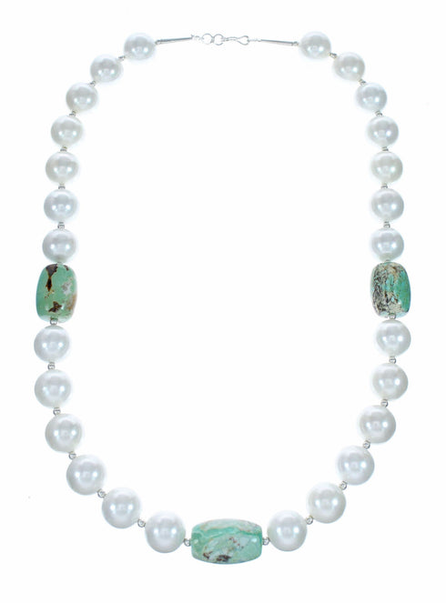 Mother of Pearl And Turquoise Sterling Silver Native American Bead Necklace SX10640