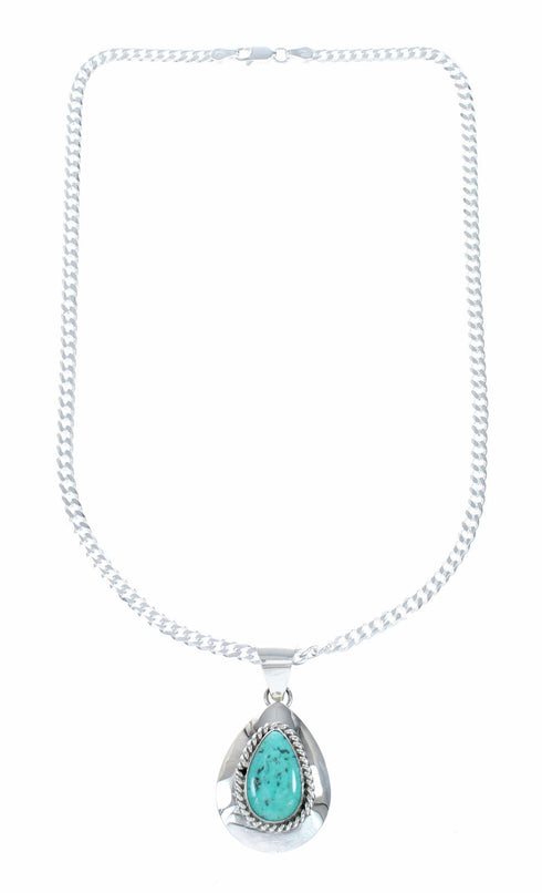 Sterling Silver Turquoise Navajo Tear Drop Pendant 16" Italian Curb Chain Necklace Set SX10650