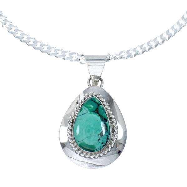 Sterling Silver Turquoise Navajo Tear Drop Pendant 16" Italian Curb Chain Necklace Set SX10651
