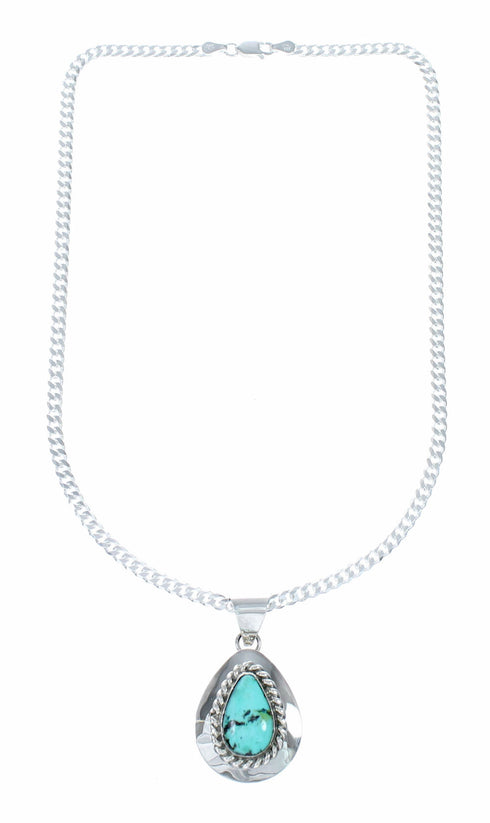 Turquoise Navajo Tear Drop Pendant Sterling Silver 16" Italian Curb Chain Necklace Set SX10652