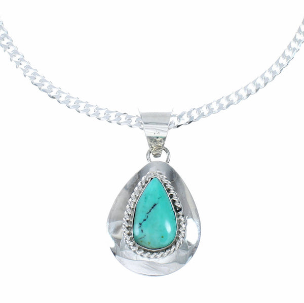 Navajo Turquoise Tear Drop Pendant Sterling Silver 16" Italian Curb Chain Necklace Set SX10653