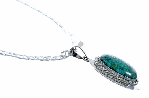 Navajo Turquoise Pendant Sterling Silver 16" Italian Mariner Chain Necklace Set SX10655