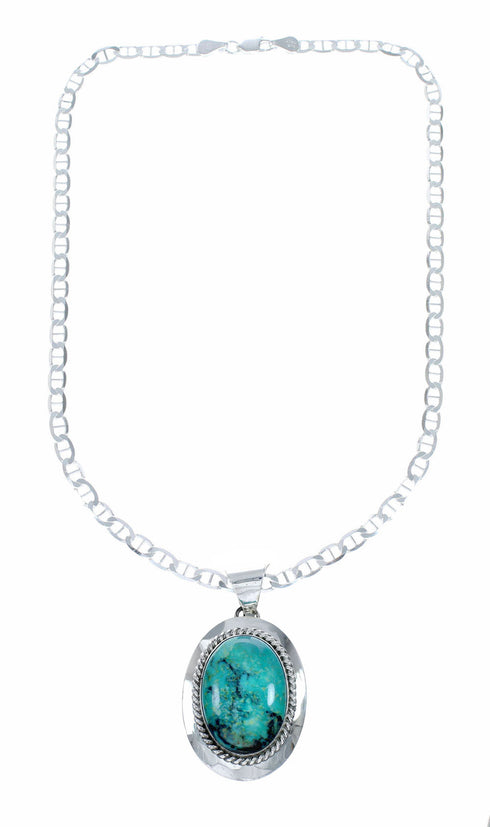 Navajo Turquoise Pendant Sterling Silver 16" Italian Mariner Chain Necklace Set SX10656
