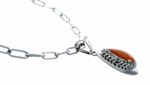 Native American Sterling Silver Italian Paper Clip Chain Oyster Shell Pendant Necklace Set SX10684