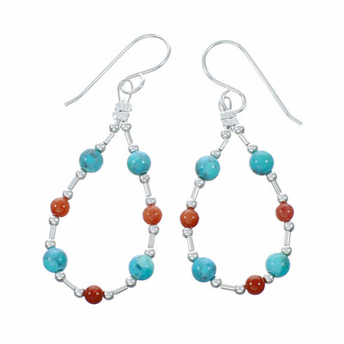 Genuine Turquoise And Coral Liquid Silver Hook Dangle Earrings SX10680