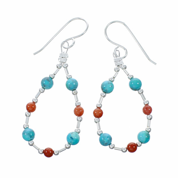 Genuine Turquoise And Coral Liquid Silver Hook Dangle Earrings SX10680