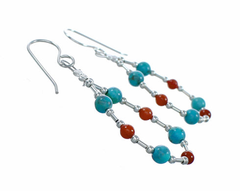 Genuine Turquoise And Coral Liquid Silver Hook Dangle Earrings SX10680